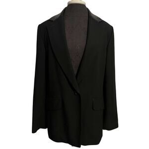 Dana Buchman Black Wool Blazer Faux Leather Shoulder Pads Lapel - Size L